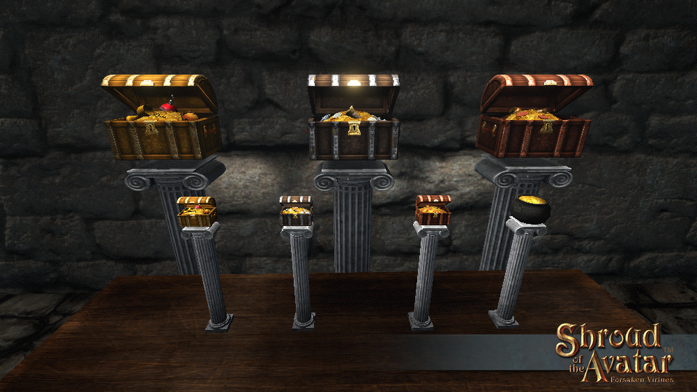 Differently-colored treasure chests spinning on pedestals