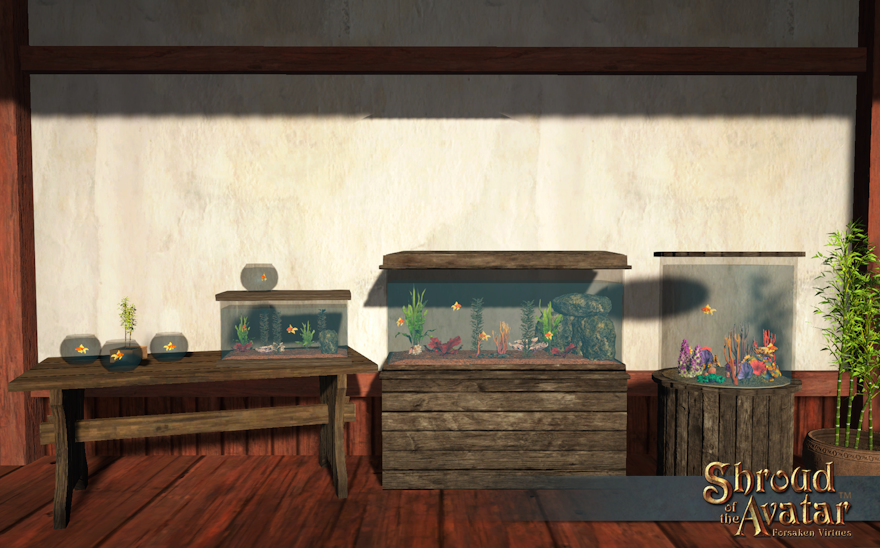 A large rectangular floor-standing fishtank, a large round floor-standing fishtank, and a table with a rectangular tabletop fishtank and several fish bowls, all filled with goldfish