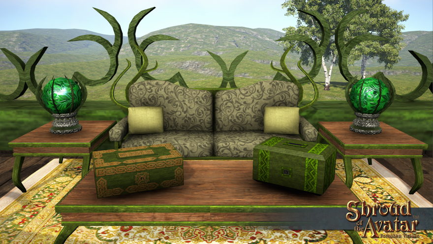 Two different green jewelry boxes on a coffee table in an outdoor sitting area.