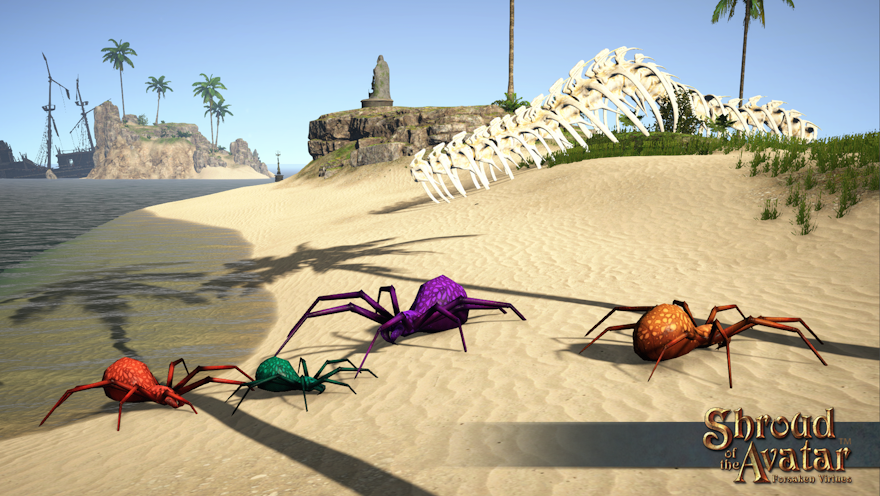Four reef spiders on a Vikland beach: the smallest aqua, a larger red, a larger orange, and the largest purple