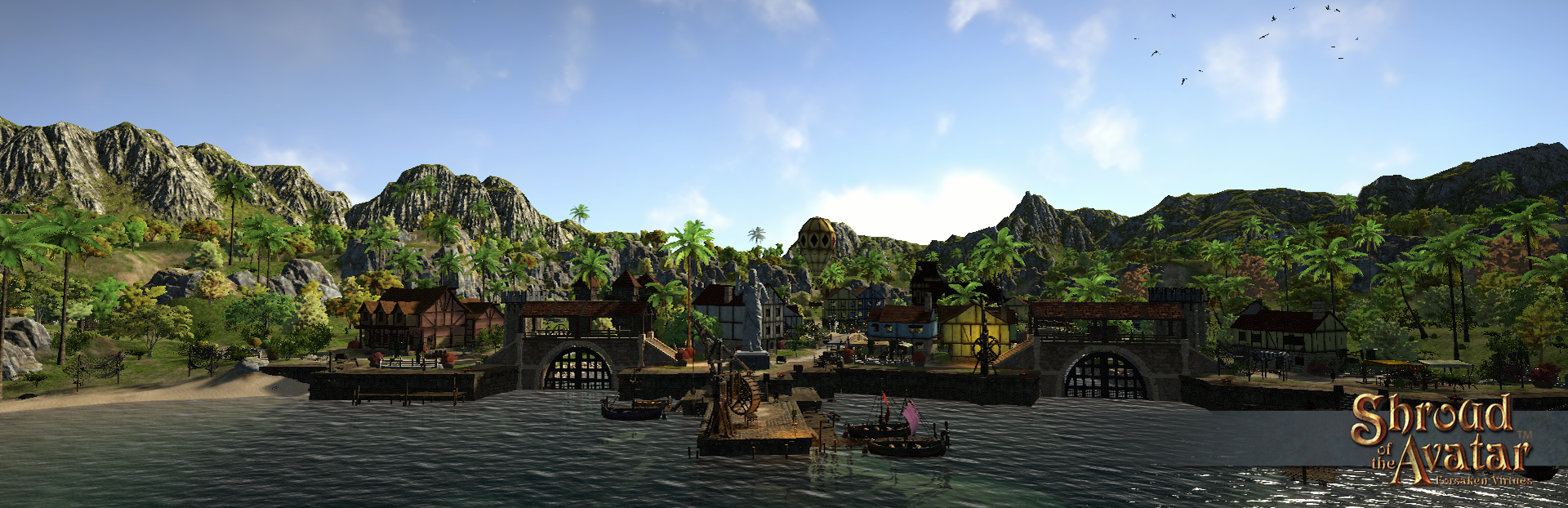 A wide shot of Port Harmony, looking inland from the sea