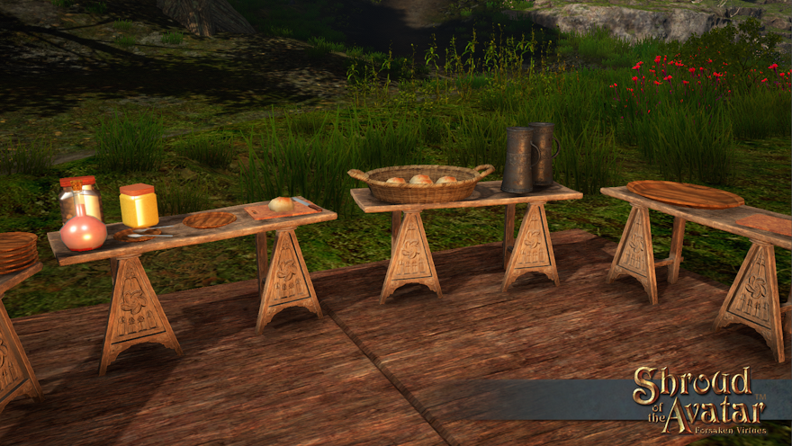 Several small tables set up as a buffet at an outdoor barbecue area.