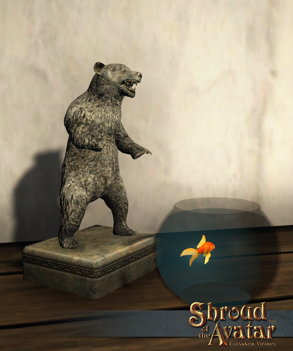 A crafted fish bowl with a goldfish in it being menaced by a tabletop bear statue