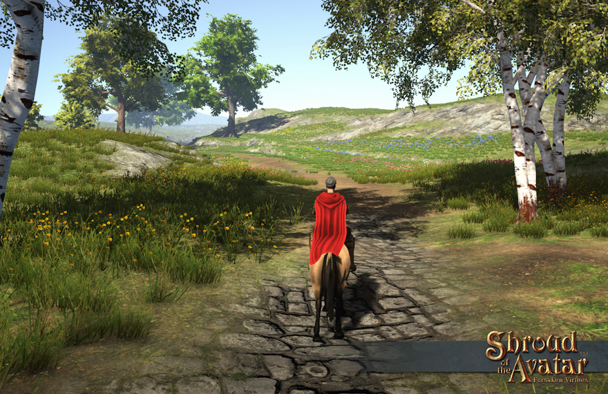 The Road Ahead: A rider with a red cloak at the beginning of a winding road through a meadow