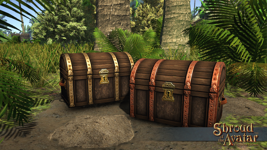 A pair of crafted chests: one with gold bands and one with copper