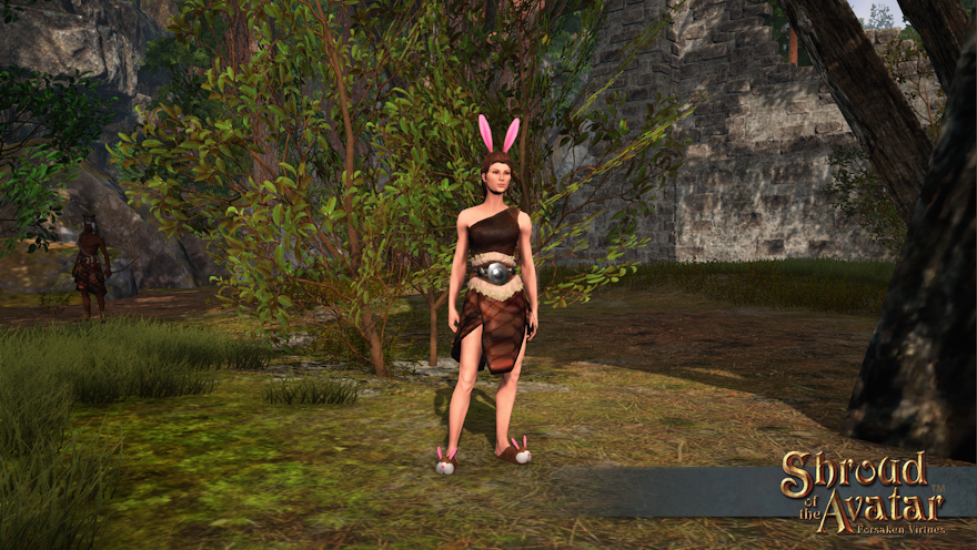 A bunny clan barbarian standing in a forest