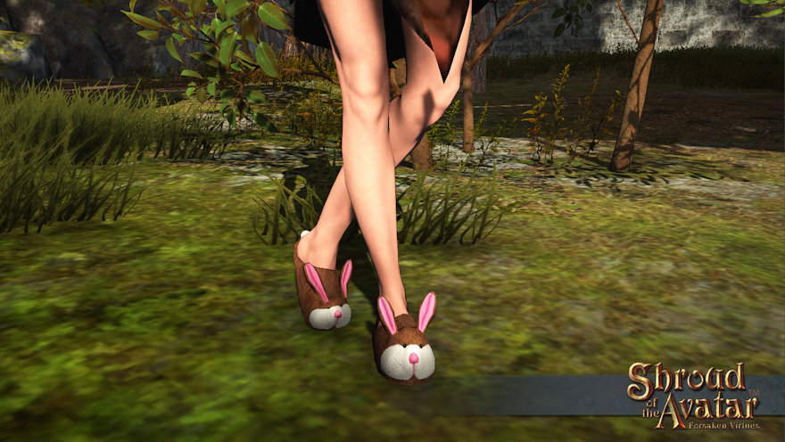 A pair of brown bunny slippers being worn by a bunny clan barbarian standing in a forest