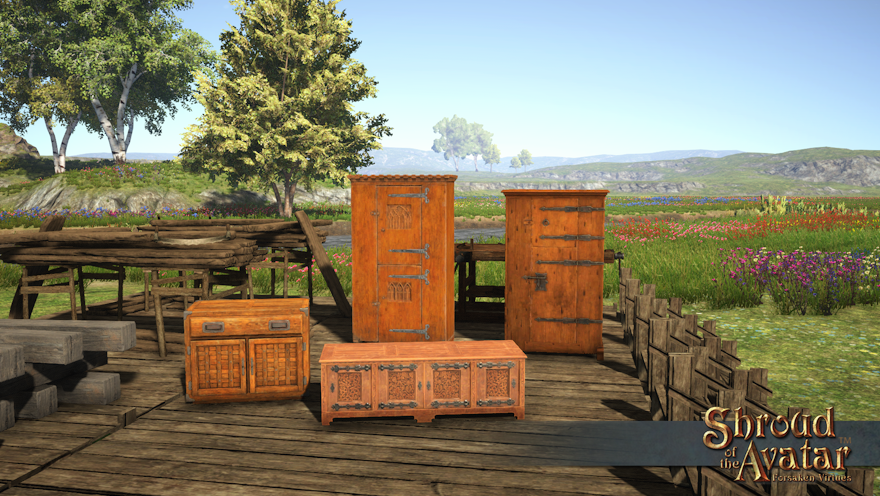 Four crafted cabinets: two tall, one low and square-ish, and one low and wide
